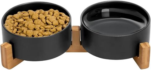 Ceramic Cat and Small Dog Bowl Set – Modern Indoor Small Size Pet Food and Water Bowls with Wood Stand – Non Slip Puppy Sized Feeding Station with Double Dishes in Saudi Arabia