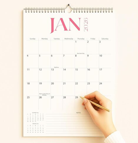 Wall Calendar 2026-2027, 18 Months, Runs From January 2026 to June 2027, 17" x 12" Large Wall Calendar with Hanger, Thick Paper, Spiral Binding, Easy to Write Down Your Plans and Daily/Elegance in Saudi Arabia