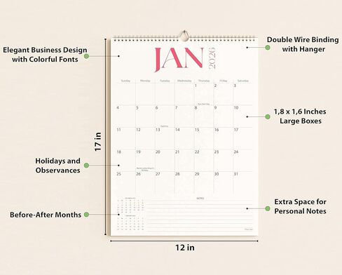 Wall Calendar 2026-2027, 18 Months, Runs From January 2026 to June 2027, 17" x 12" Large Wall Calendar with Hanger, Thick Paper, Spiral Binding, Easy to Write Down Your Plans and Daily/Elegance in Saudi Arabia