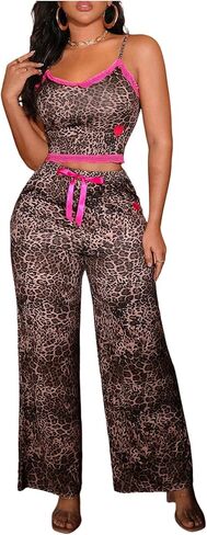 SOLY HUX Women's Leopard Lace Pajama Set Cheetah Print Camisole Tops and Wide Leg Pants Sleepwear Loungewear in Saudi Arabia