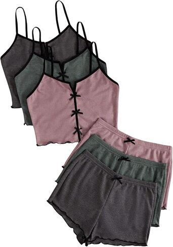 Women's 6 Piece Pajamas Sets Cute Bow Front Crop Camisole Tops and Shorts Lounge Sleepwear in Saudi Arabia