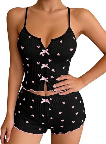 Women's Ribbed Cami Shorts Pajama Set 2 PCS Soft Stretchy Lingerie Sleepwear Lounge Set Nightwear for Daily Wear Nightwear in Saudi Arabia