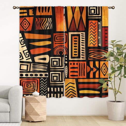 LIGHTINHOME Orange African Curtains 42Wx63H Inch Abstract Afro Tribal Ethnic Historical Africa American Racial Geometric Boho Rod Pocket Bedroom Living Room Window Drapes Treatment Fabric 2 Panels in Kuwait