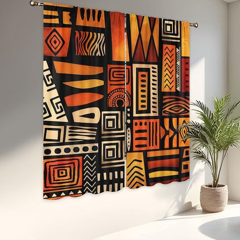 LIGHTINHOME Orange African Curtains 42Wx63H Inch Abstract Afro Tribal Ethnic Historical Africa American Racial Geometric Boho Rod Pocket Bedroom Living Room Window Drapes Treatment Fabric 2 Panels in Kuwait