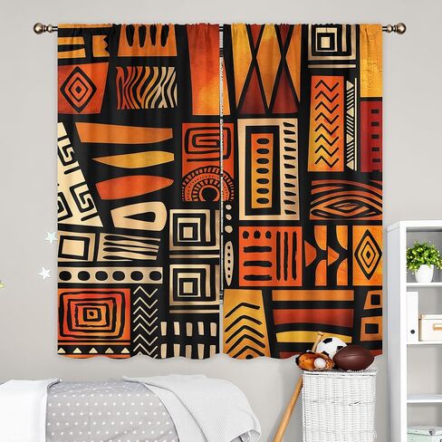 LIGHTINHOME Orange African Curtains 42Wx63H Inch Abstract Afro Tribal Ethnic Historical Africa American Racial Geometric Boho Rod Pocket Bedroom Living Room Window Drapes Treatment Fabric 2 Panels in Kuwait