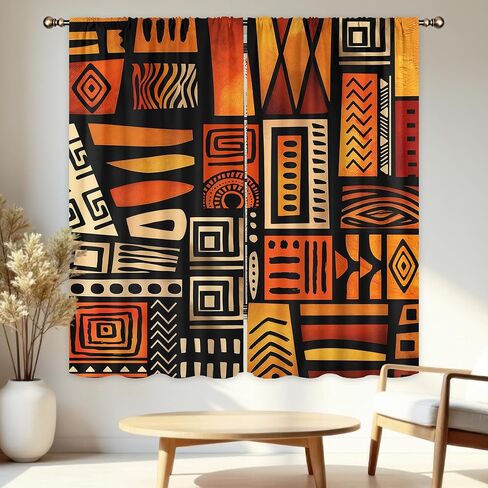 LIGHTINHOME Orange African Curtains 42Wx63H Inch Abstract Afro Tribal Ethnic Historical Africa American Racial Geometric Boho Rod Pocket Bedroom Living Room Window Drapes Treatment Fabric 2 Panels in Kuwait