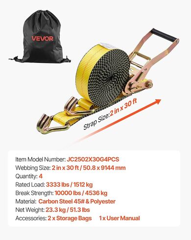 VEVOR Ratchet Straps, 2 in x 30 ft, Heavy Duty Tie Down Straps with Double J Hook, 10,000 lbs Break Strength, Carry Bag, Tie Down Ratcheting for Moving, Trailers, Motorcycles, Kayaks, Car Roof, 4 Pack in Saudi Arabia