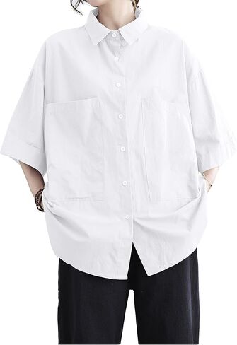 ellazhu Women Short Sleeve Solid Color Button Down Pockets Tops Shirt Blouse GA2325 in Saudi Arabia