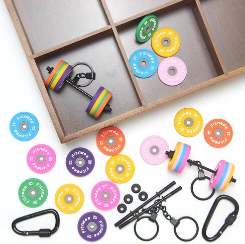 2 Sets Barbell Keychain Kit, 16 Silicone Weight Plates in 7 Colors with Metal Bars, DIY Fitness Dumbbell Keyrings for Gym Bags, Keys & Backpacks in Saudi Arabia