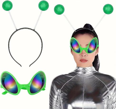 2 Pcs Alien Costume Set for Adults Glitter Antenna Headband & Rainbow Lens Glasses, Halloween Space Party Accessories for Men and Women in Saudi Arabia