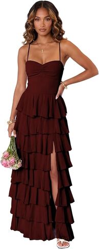Chiffon Tiered Prom Dresses with Slit Spaghetti Straps Ruffle A Line Formal Dress with Slit OE178 in Kuwait