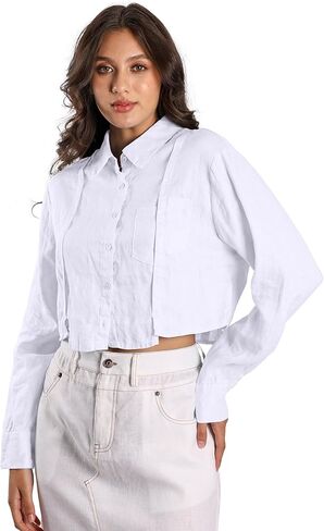 Womens Pure Linen Shirt Cropped Button Down Long Sleeve Trendy Blouse in Kuwait