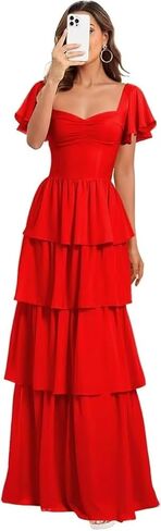 Chiffon Ruched Bridesmaid Dresses for Women Long A Line Short Sleeves Tiered Pleated Wedding Guest Dress in Kuwait