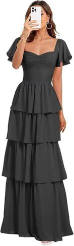 Chiffon Ruched Bridesmaid Dresses for Women Long A Line Short Sleeves Tiered Pleated Wedding Guest Dress in Saudi Arabia