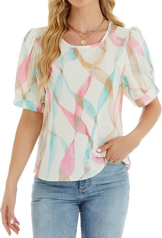 Women's Puff-Sleeve Shirt, Pastel Watercolor Print, Short-Sleeve Crew-Neck Top, Ivory Multicolor in Saudi Arabia