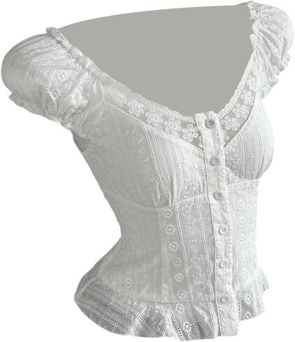 OYOANGLE Women's Blouses Cap Sleeve Eyelet Embroidery Button Up Blouse Y2K Ruffle Hem Fairy Tops in Saudi Arabia
