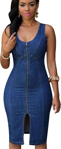 YMING Womens Zipper Front Slim Dresses Sleeveless Club Dress Party Midi Bodycon Dress Plus Size in Kuwait
