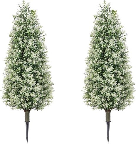 3FT Artificial Topiary Trees Outdoor Set of 2, Faux Boxwood Trees with Ground Spikes & White Berries, UV Resistant Lifelike Faux Plants for Front Porch, Garden Landscaping, Patio & Yard Decor in Saudi Arabia