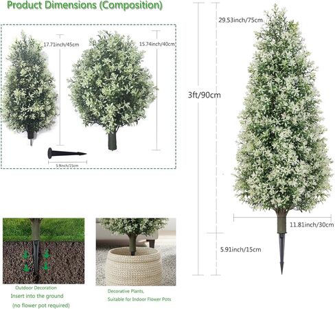 3FT Artificial Topiary Trees Outdoor Set of 2, Faux Boxwood Trees with Ground Spikes & White Berries, UV Resistant Lifelike Faux Plants for Front Porch, Garden Landscaping, Patio & Yard Decor in Saudi Arabia