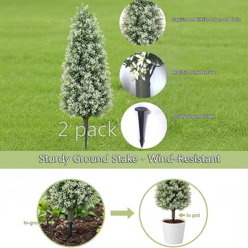 3FT Artificial Topiary Trees Outdoor Set of 2, Faux Boxwood Trees with Ground Spikes & White Berries, UV Resistant Lifelike Faux Plants for Front Porch, Garden Landscaping, Patio & Yard Decor in Saudi Arabia