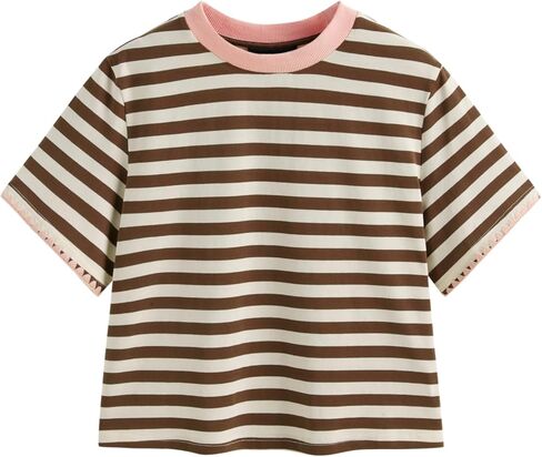 CIDER Women Stripe Crop Top Oversized Summer Crew Neck T-Shirt Cotton-Blend Short Sleeve Tee in Saudi Arabia