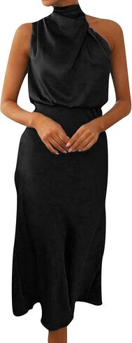 فستان EFOFEI نسائي صيفي من الساتان أنيق بدون أكمام ورقبة وهمية وحفلات الكوكتيل متوسطة الطول in Kuwait