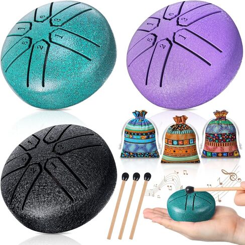 3 Pcs Rain Drum for Outside Mini Steel Rain Bells 3 Inch 6 Notes Echos Drum with Cloth Bags and Mallets Chakra Tongue Rain Instrument Chime for Musical Education Entertainment Meditation Yoga in Kuwait