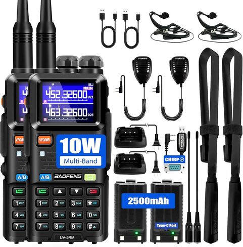 راديو BAOFENG 5RM 10W متعدد الموجات، راديو هام طويل المدى UV-5RM راديو محمول لعشاق جهاز الاتصال اللاسلكي، راديو محمول ثنائي الاتجاه مع سماعة أذن مجاري الهواء، كابل شحن USB-C، بطارية 2500 مللي أمبير في الساعة (عبوتان) in Saudi Arabia