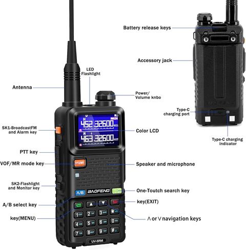 راديو BAOFENG 5RM 10W متعدد الموجات، راديو هام طويل المدى UV-5RM راديو محمول لعشاق جهاز الاتصال اللاسلكي، راديو محمول ثنائي الاتجاه مع سماعة أذن مجاري الهواء، كابل شحن USB-C، بطارية 2500 مللي أمبير في الساعة (عبوتان) in Saudi Arabia