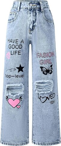 Happy Cherry Girls Wide Leg Jeans Kid Girls Baggy Jeans High Waisted with Pockets Kids Casual Denim Pants 5-14Y in Saudi Arabia