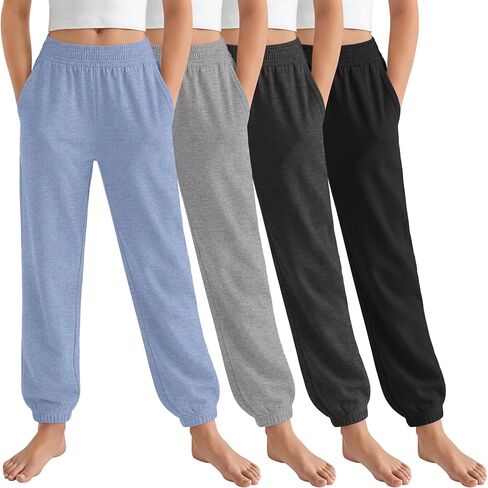 4 قطع من سراويل الركض للفتيات سراويل رياضية خفيفة الوزن كاجوال لليوجا بخصر مطاطي مع جيب للأطفال في سن المراهقة من 5 إلى 14 عامًا in Kuwait