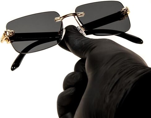 Street Knitted Luxury Gold Frame Unisex Rectangular Rimless Dark Black Tint Lens Retro 90's Stylish Leopard Head Hip Hop Sun Glasses Frameless Square Buffs Summer Shades Sunglasses For Men And Women in Saudi Arabia