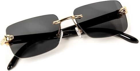 Street Knitted Luxury Gold Frame Unisex Rectangular Rimless Dark Black Tint Lens Retro 90's Stylish Leopard Head Hip Hop Sun Glasses Frameless Square Buffs Summer Shades Sunglasses For Men And Women in Saudi Arabia
