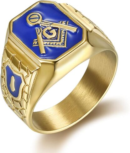 Men's Blue Enamel Masonic Ring Master Mason Symbol, Vintage Freemason Gold Titanium Steel Jewelry in Kuwait