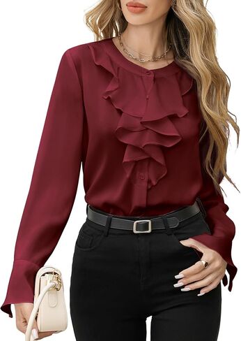 AGSEEM Womens Button Down Satin Ruffle Blouse Shirts Long Bell Sleeve Blouses Elegant Business Dressy Casual Tops 2025 in Kuwait