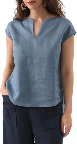 Amazhiyu Women's 100% Linen Cap Sleeve Blouse Summer Basic V Neck Top Casual in Saudi Arabia