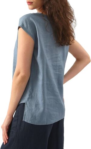 Amazhiyu Women's 100% Linen Cap Sleeve Blouse Summer Basic V Neck Top Casual in Saudi Arabia