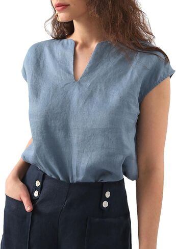 Amazhiyu Women's 100% Linen Cap Sleeve Blouse Summer Basic V Neck Top Casual in Saudi Arabia