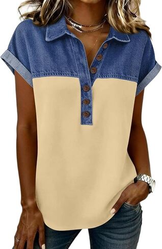 Denim Shirts for Women Button Up V Neck Denim-Collar Casual Tees-Shirts Fashion Patchwork Western Blouses 2026 in Saudi Arabia