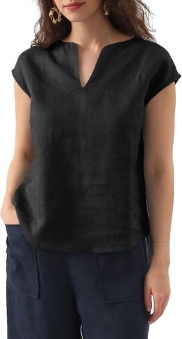 Amazhiyu Women's 100% Linen Cap Sleeve Blouse Summer Basic V Neck Top Casual in Saudi Arabia