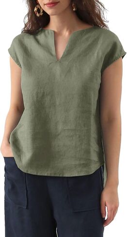 Amazhiyu Women's 100% Linen Cap Sleeve Blouse Summer Basic V Neck Top Casual in Saudi Arabia