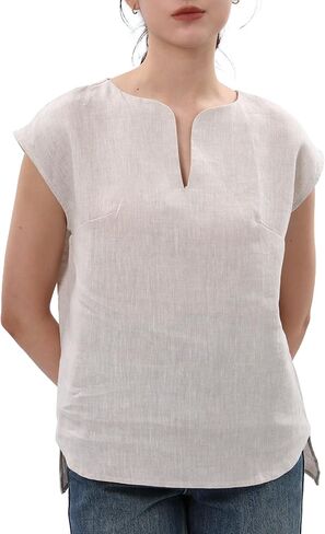 Amazhiyu Women's 100% Linen Cap Sleeve Blouse Summer Basic V Neck Top Casual in Saudi Arabia