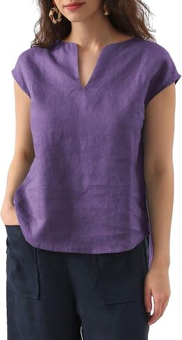 Amazhiyu Women's 100% Linen Cap Sleeve Blouse Summer Basic V Neck Top Casual in Saudi Arabia