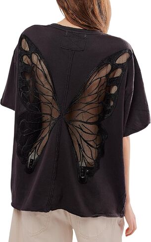 Women Sheer Butterfly T Shirt Short Sleeve Cut Out Back Tee Top Embroidered Oversized Tee Shirts Streetwear in Kuwait