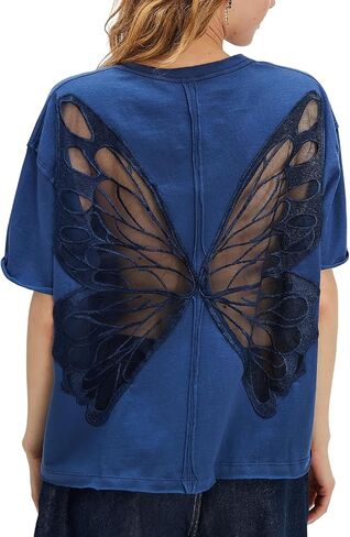 Women Sheer Butterfly T Shirt Short Sleeve Cut Out Back Tee Top Embroidered Oversized Tee Shirts Streetwear in Saudi Arabia