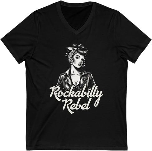 Rockabilly Rebel V Neck Retro Pin-Up Girl Vintage Rock 'n' Roll Fashion Biker Chic V-Neck Tee 50s Rebel V Neck in Saudi Arabia