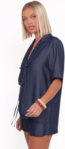 Petal & Pup Women's Aaliyah Chambray Tie Front Top Dark Wash in Saudi Arabia