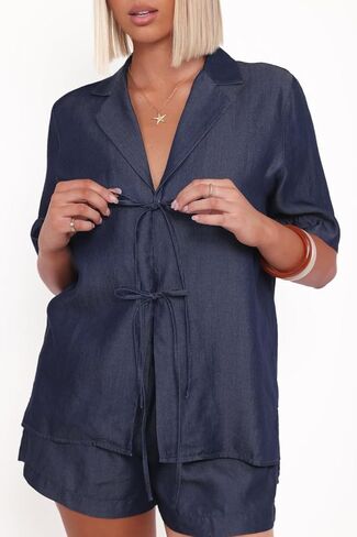 Petal & Pup Women's Aaliyah Chambray Tie Front Top Dark Wash in Saudi Arabia