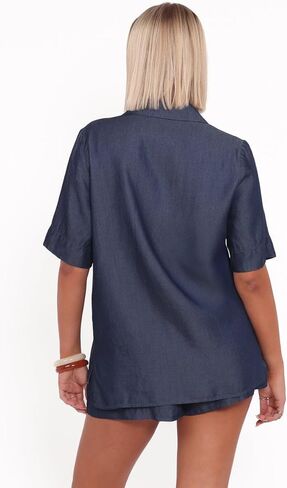 Petal & Pup Women's Aaliyah Chambray Tie Front Top Dark Wash in Saudi Arabia