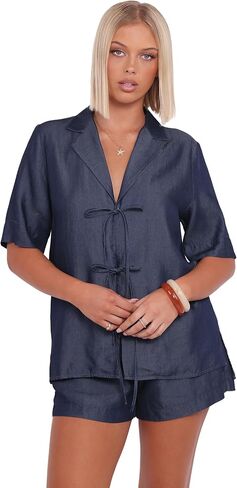 Petal & Pup Women's Aaliyah Chambray Tie Front Top Dark Wash in Saudi Arabia